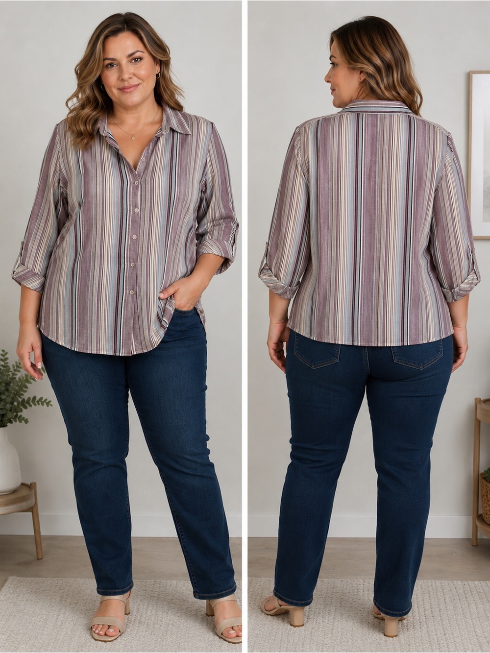Encore Women’s Size 16 Striped Button-Up Shirt 100% Cotton Roll Tab Sleeves
